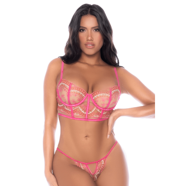 Ensemble 2 pièces résille brodée rose 